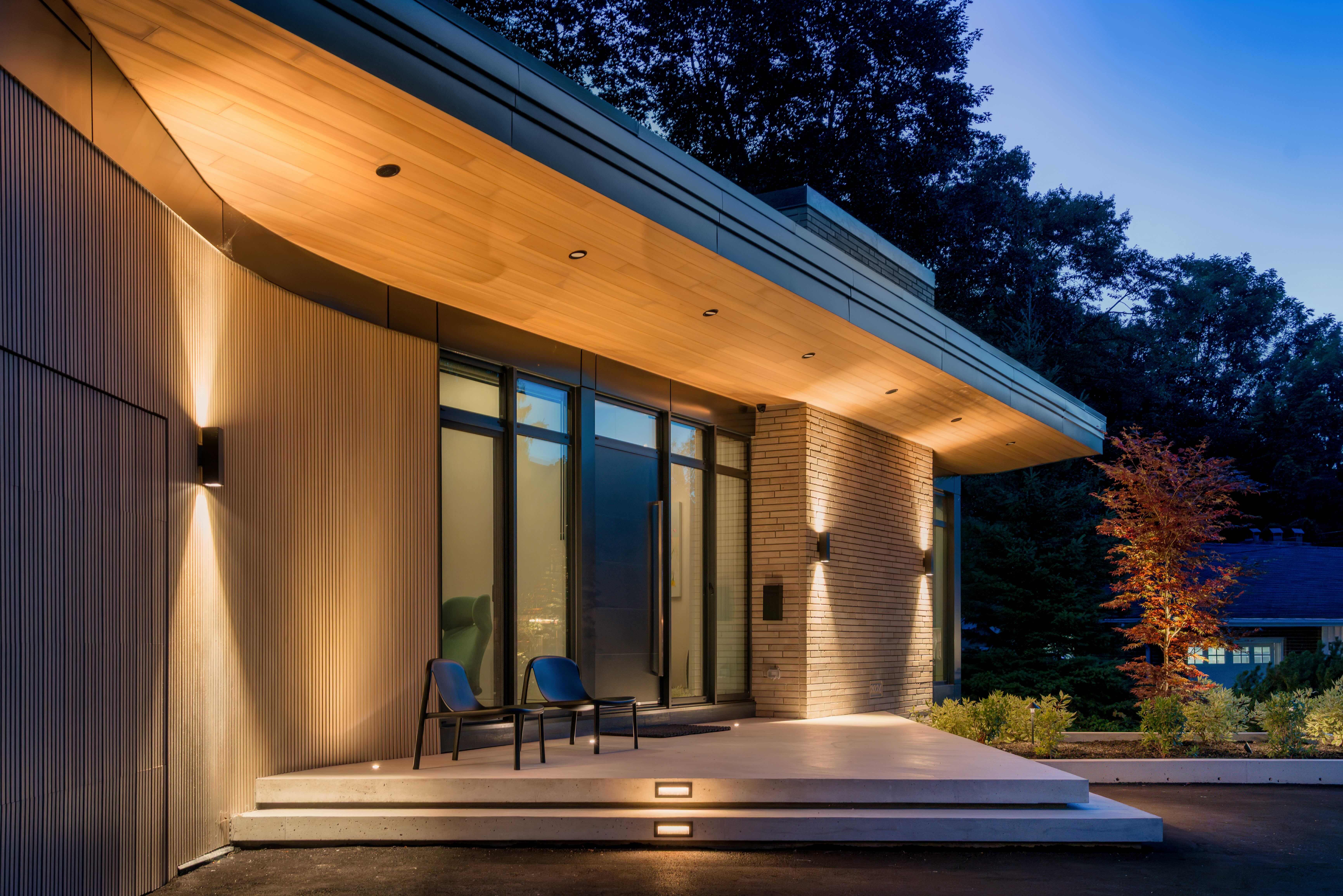 Exterior soffit glowing at dusk